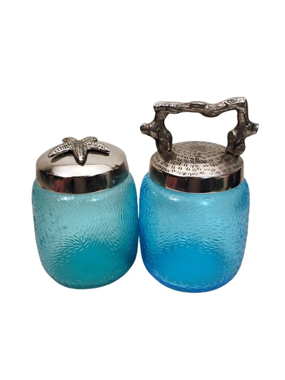 Apothecary Style Blue Textured Glass Jars w/Pewter Starfish & Branch Lids Ocean